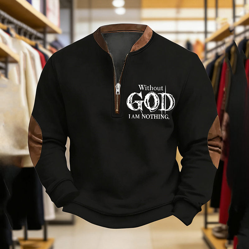 Herren Sweatshirt Schwarz Vintage Faith Print Reißverschlusskragen Pullover Winter Warm Casual Shirt