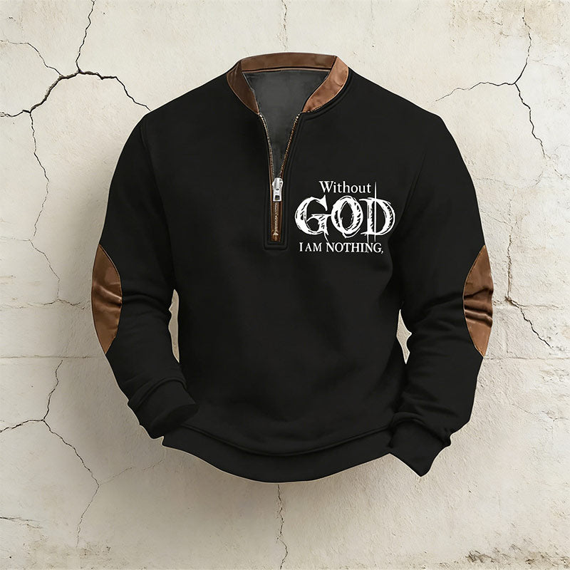 Herren Sweatshirt Schwarz Vintage Faith Print Reißverschlusskragen Pullover Winter Warm Casual Shirt