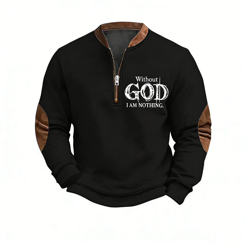 Herren Sweatshirt Schwarz Vintage Faith Print Reißverschlusskragen Pullover Winter Warm Casual Shirt