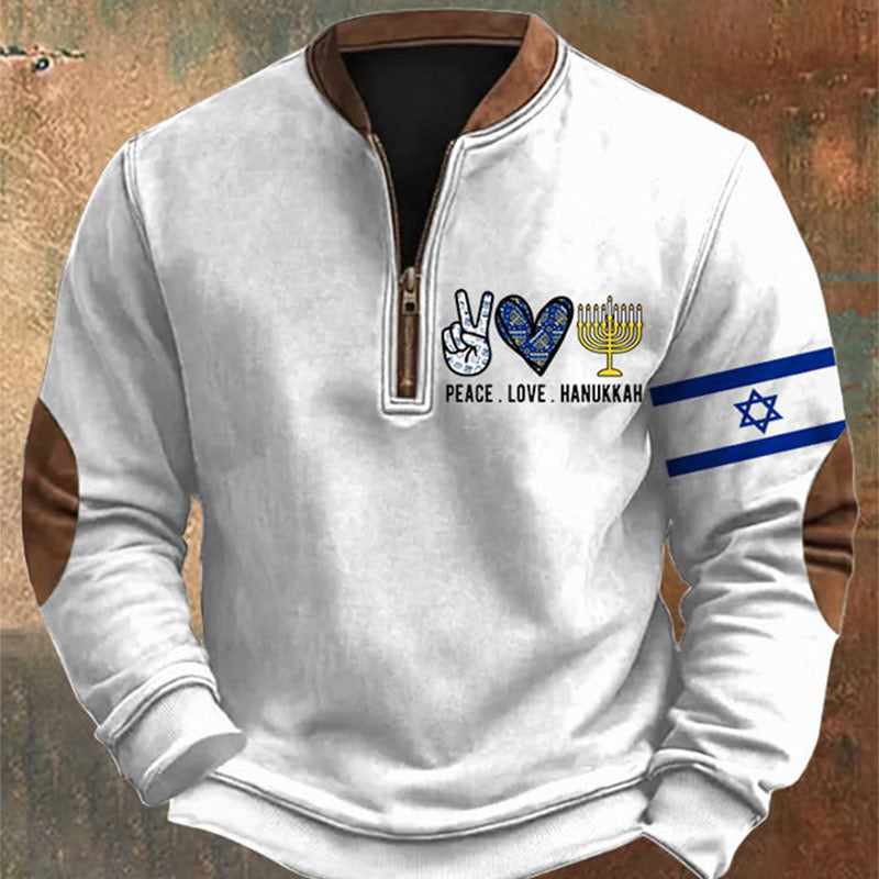 Herren Sweatshirt Weiß Vintage Faith Print Reißverschlusskragen Pullover Warmes Winter Freizeithemd