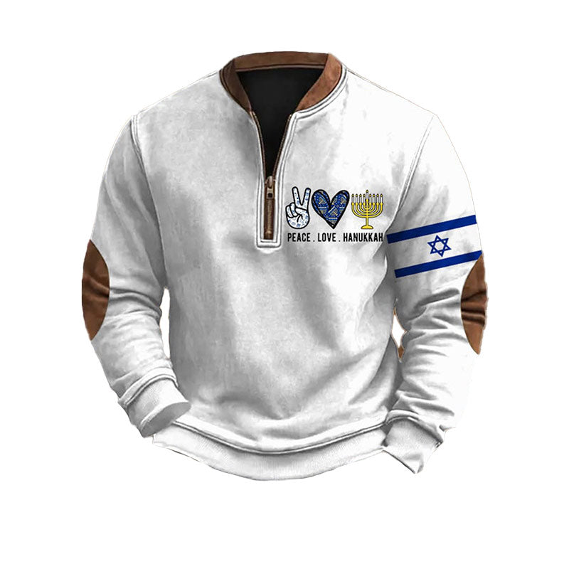 Herren Sweatshirt Weiß Vintage Faith Print Reißverschlusskragen Pullover Warmes Winter Freizeithemd