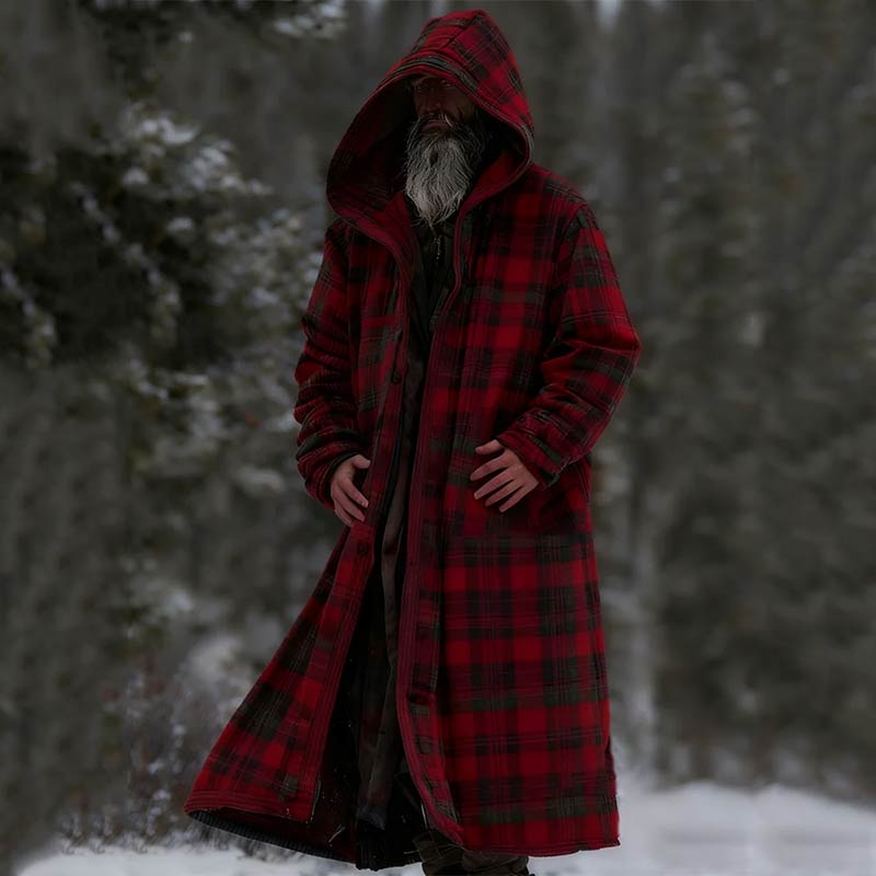 Herren Weihnachts Kapuzen Kaftan Mantel Rot Karomuster Winter Warm Cloak Jacke