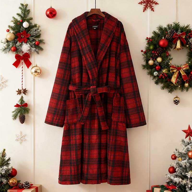 Herren Weihnachts Kapuzen Kaftan Mantel Rot Karomuster Winter Warm Cloak Jacke