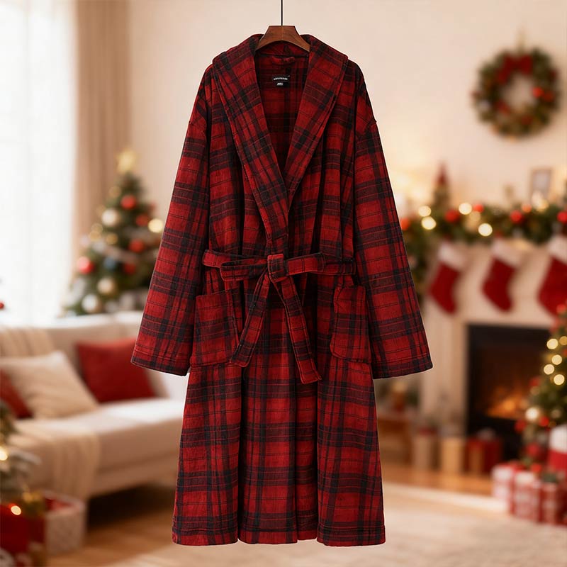 Herren Weihnachts Kapuzen Kaftan Mantel Rot Karomuster Winter Warm Cloak Jacke