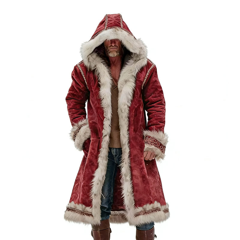 Herren Weihnachts Samt Mantel Rot Santa Outfit Fuzzy Velvet Kapuzen Mantel Winter Warm Coat