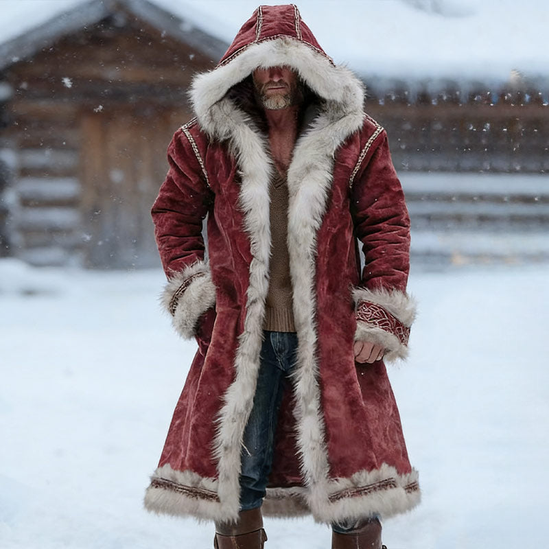 Herren Weihnachts Samt Mantel Rot Santa Outfit Fuzzy Velvet Kapuzen Mantel Winter Warm Coat