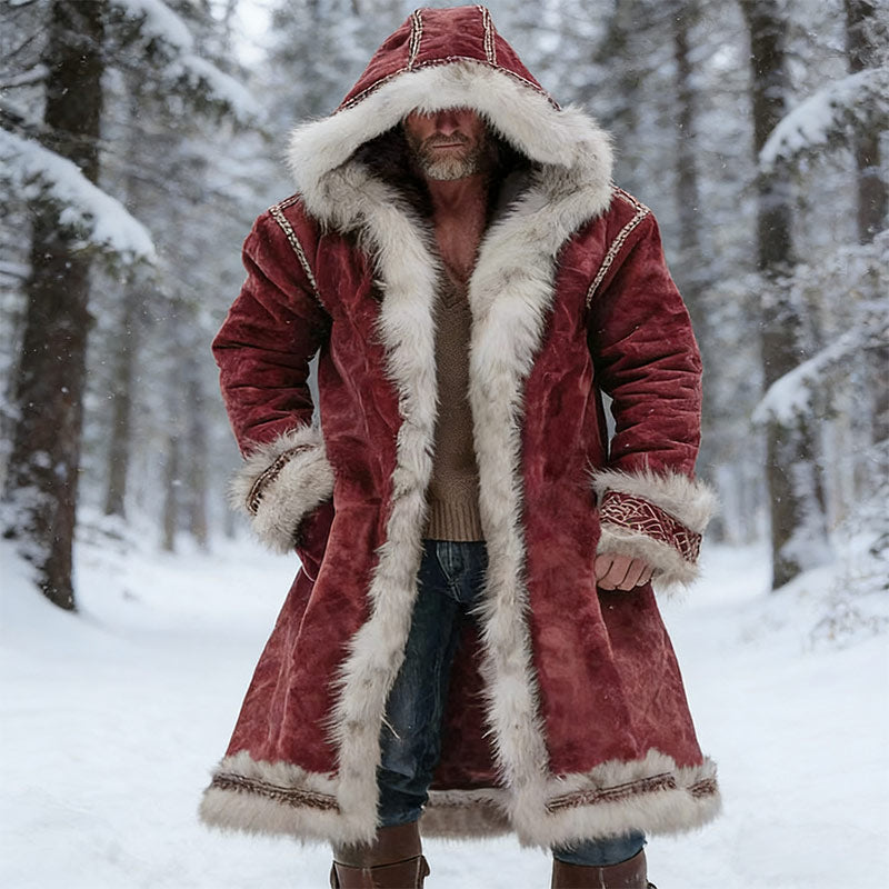 Herren Weihnachts Samt Mantel Rot Santa Outfit Fuzzy Velvet Kapuzen Mantel Winter Warm Coat