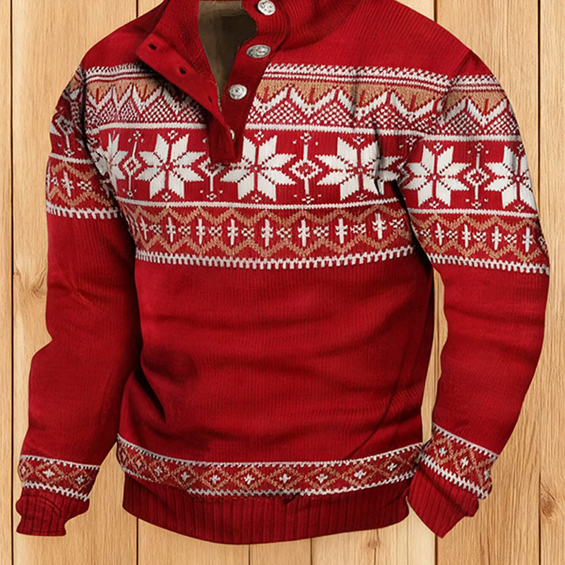 Herren Weihnachts Sweatshirt mit Schneeflocken – Stehkragen Knopf Pullover für Winter & Holiday Party