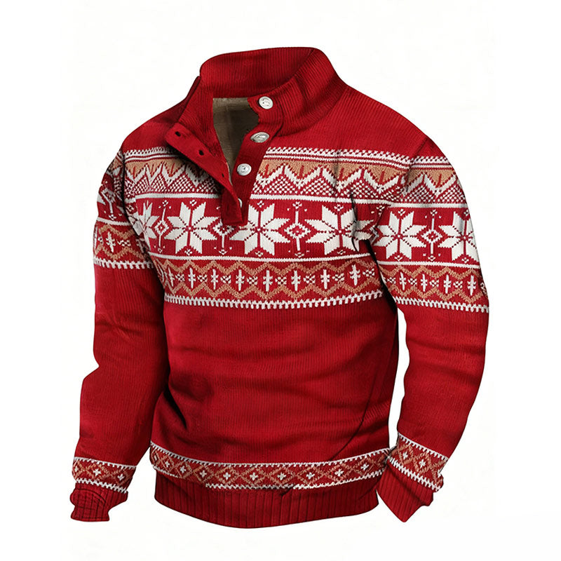 Herren Weihnachts Sweatshirt mit Schneeflocken – Stehkragen Knopf Pullover für Winter & Holiday Party