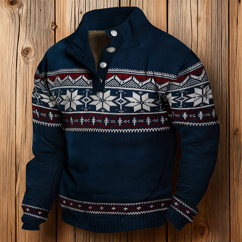Herren Weihnachts Sweatshirt Navy Blue mit Schneeflocken – Stehkragen Knopf Winter Pullover