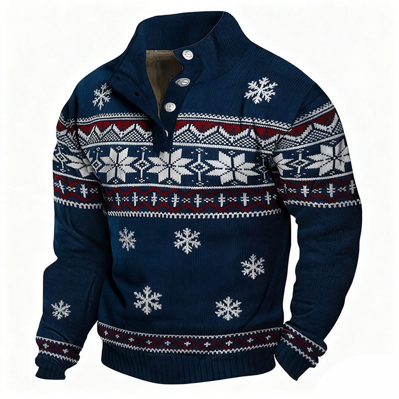 Herren Weihnachts Sweatshirt Navy Blue mit Schneeflocken – Stehkragen Knopf Winter Pullover