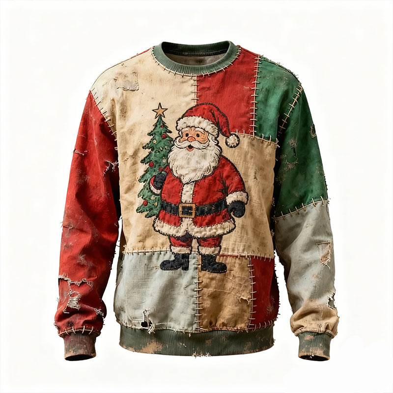Herren Weihnachts Sweatshirt mit Santa-Print Patchwork – Freizeitpullover für den Winter
