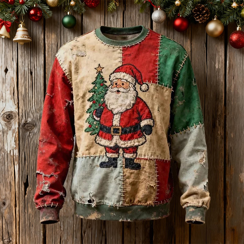 Herren Weihnachts Sweatshirt mit Santa-Print Patchwork – Freizeitpullover für den Winter