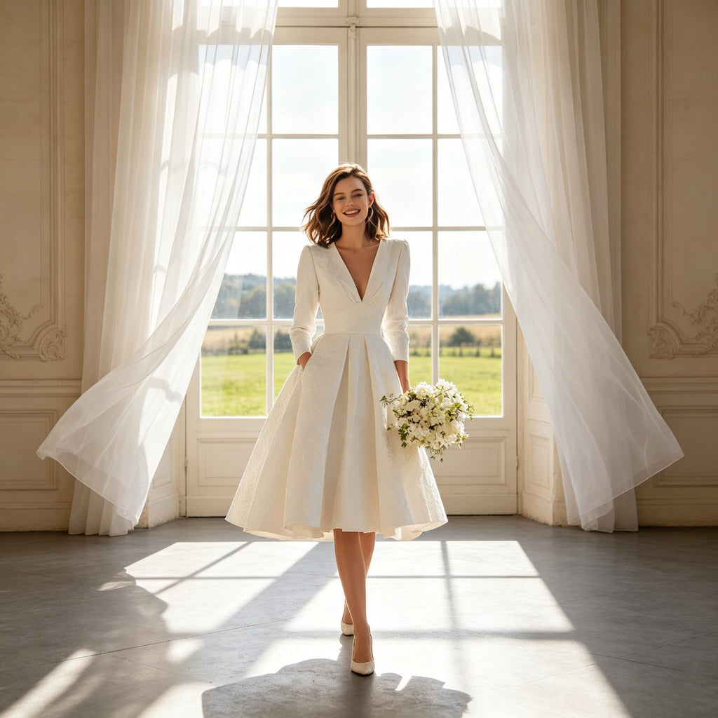Exklusives Weißes Cocktailkleid – Tailliertes Design aus Hochwertigem Jacquard-Stoff