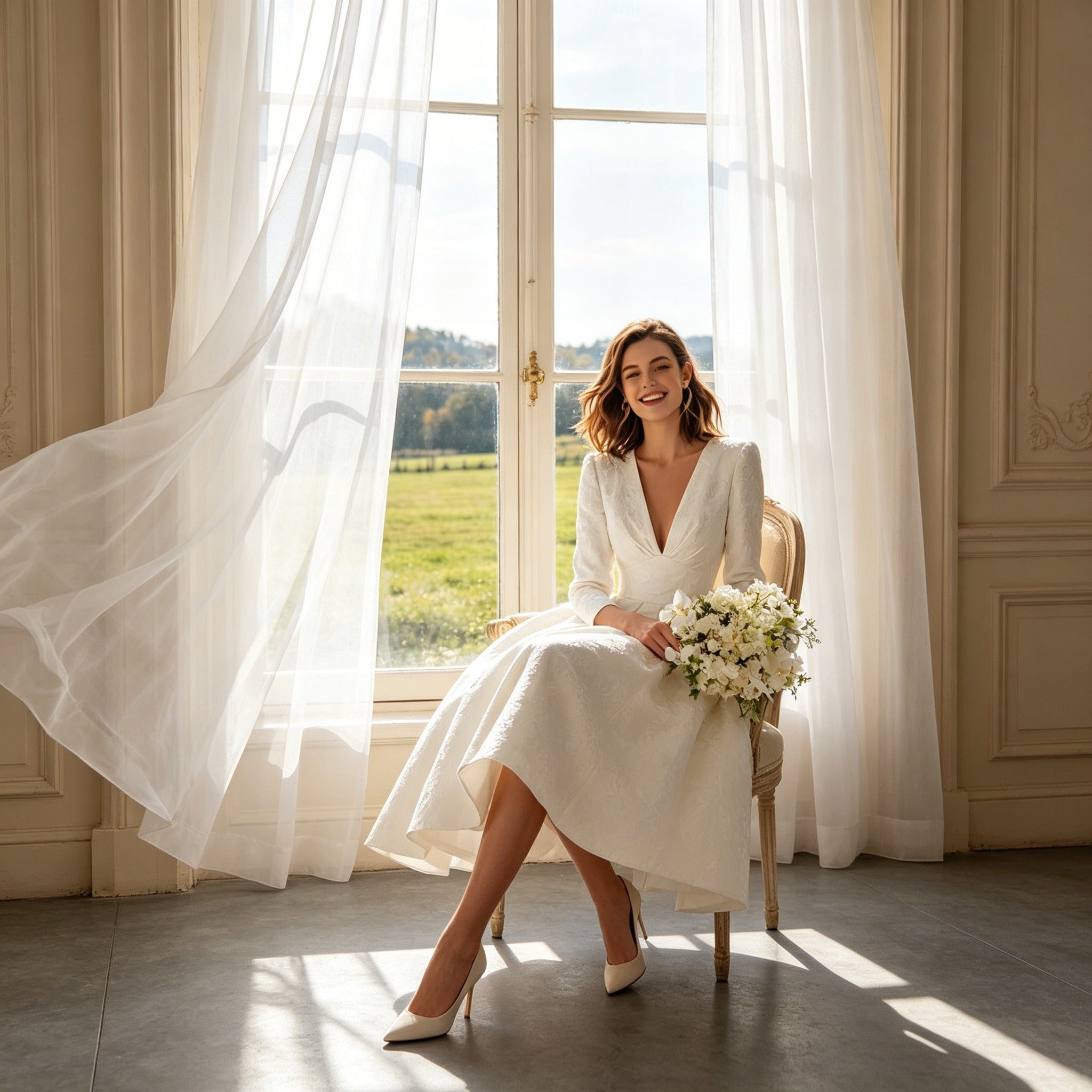 Exklusives Weißes Cocktailkleid – Tailliertes Design aus Hochwertigem Jacquard-Stoff