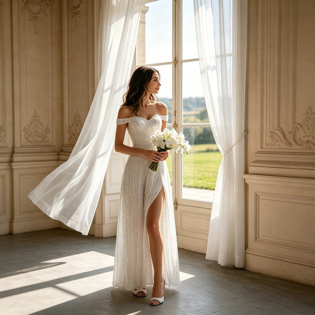 Funkelndes Off-Shoulder Abendkleid Weiß – Elegantes Pailletten-Maxikleid mit Hohem Schlitz