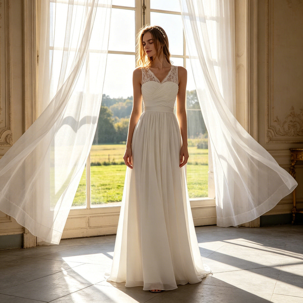 Elegantes Maxikleid in Weiß – Boho-Chic mit Spitze und Fließendem Chiffon-Rock