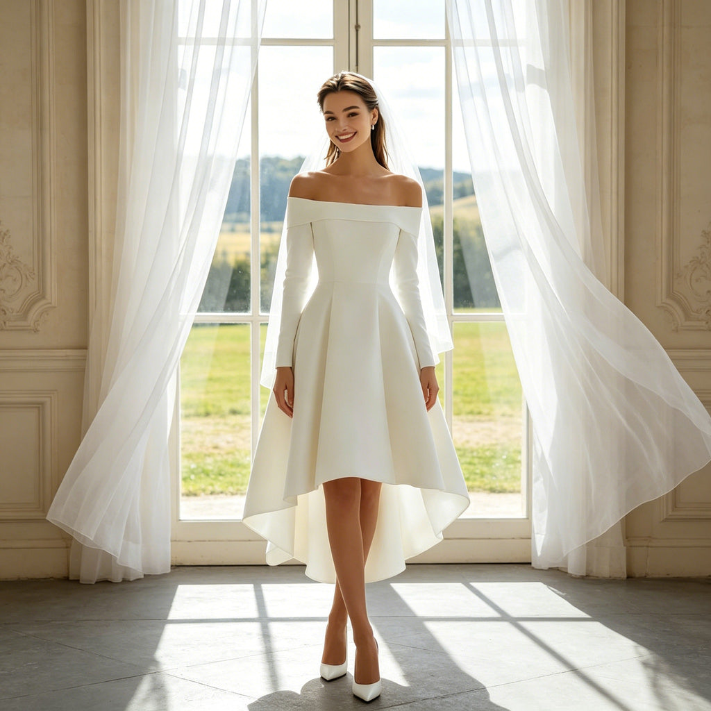 Festliches Cocktailkleid Schulterfrei – Weißes Satin-Kleid für Besondere Anlässe