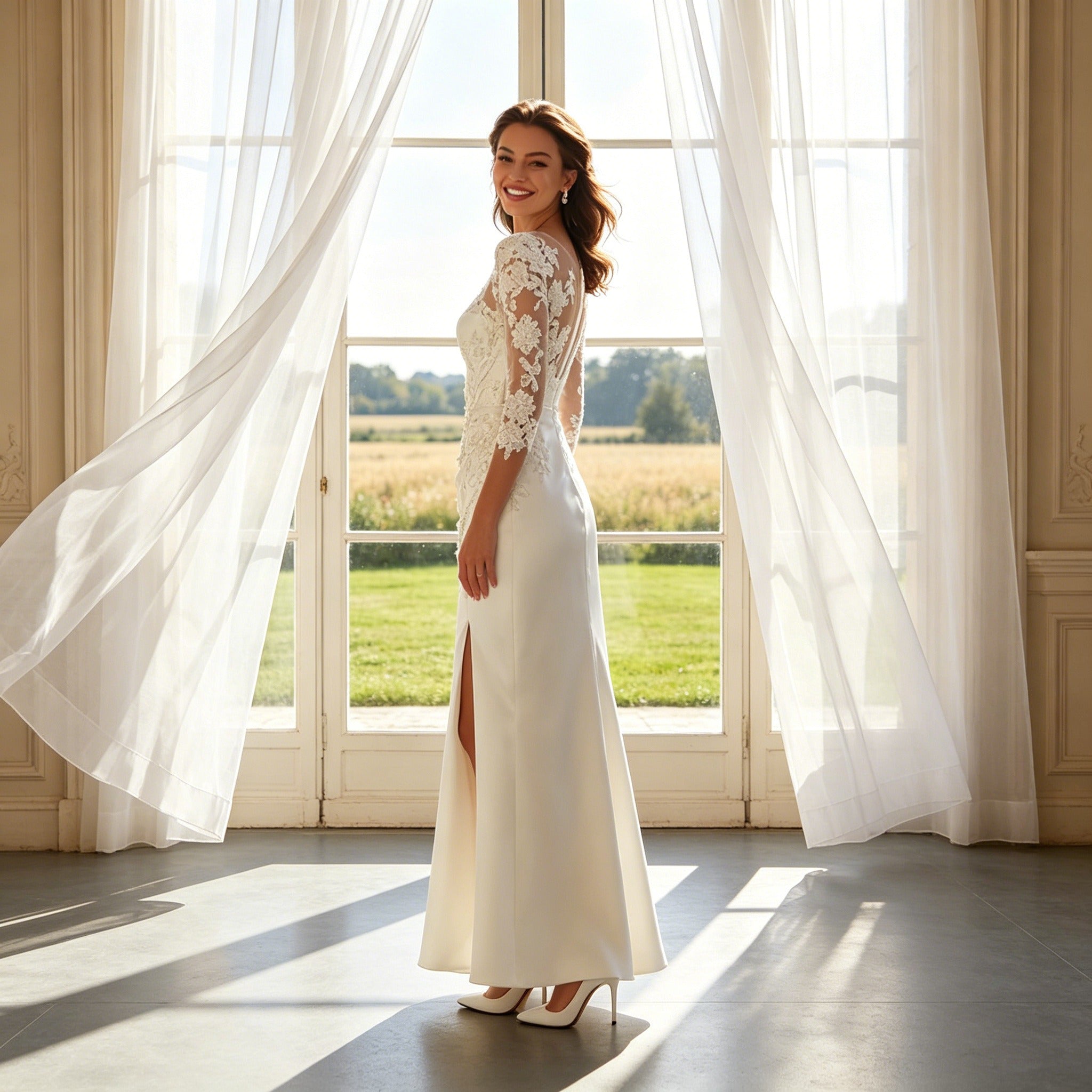 Edles Abendkleid in Weiß mit Spitze – Figurbetontes Maxikleid mit Hohem Beinschlitz