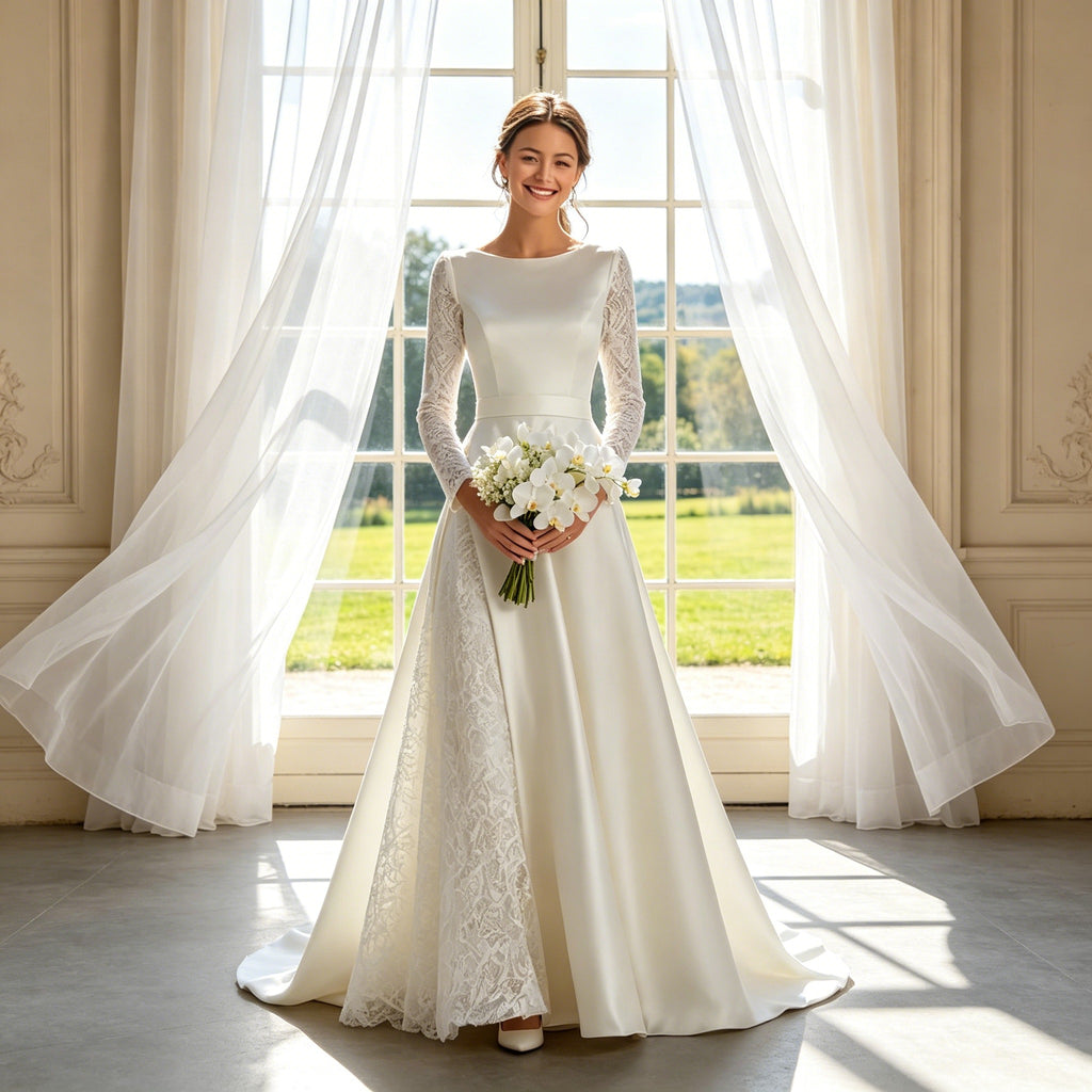 Festliches Bodenlanges Kleid Weiß – Satin-Optik mit Langarm aus Filigraner Spitze