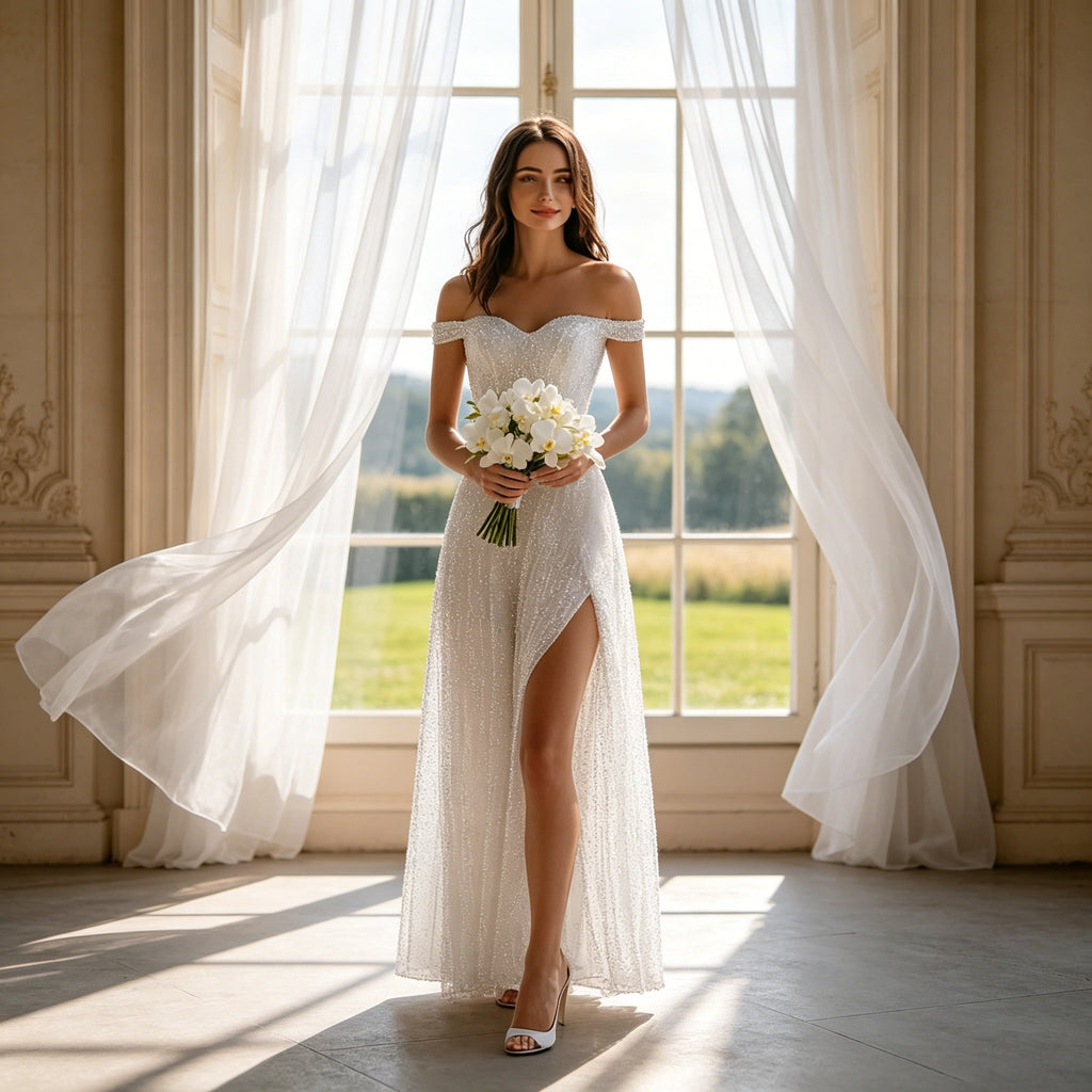 Funkelndes Off-Shoulder Abendkleid Weiß – Elegantes Pailletten-Maxikleid mit Hohem Schlitz