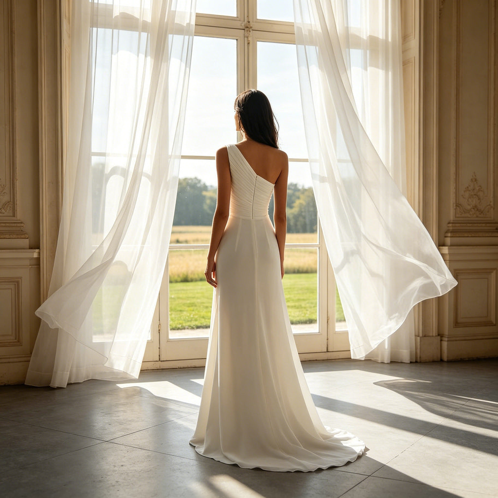 Edles One-Shoulder Abendkleid Weiß – Drapiertes Maxikleid im Göttinnen-Stil mit Schlitz