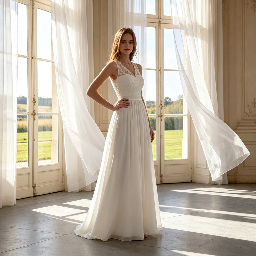 Elegantes Maxikleid in Weiß – Boho-Chic mit Spitze und Fließendem Chiffon-Rock