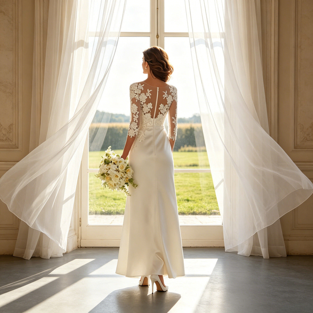 Edles Abendkleid in Weiß mit Spitze – Figurbetontes Maxikleid mit Hohem Beinschlitz