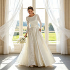 Festliches Bodenlanges Kleid Weiß – Satin-Optik mit Langarm aus Filigraner Spitze