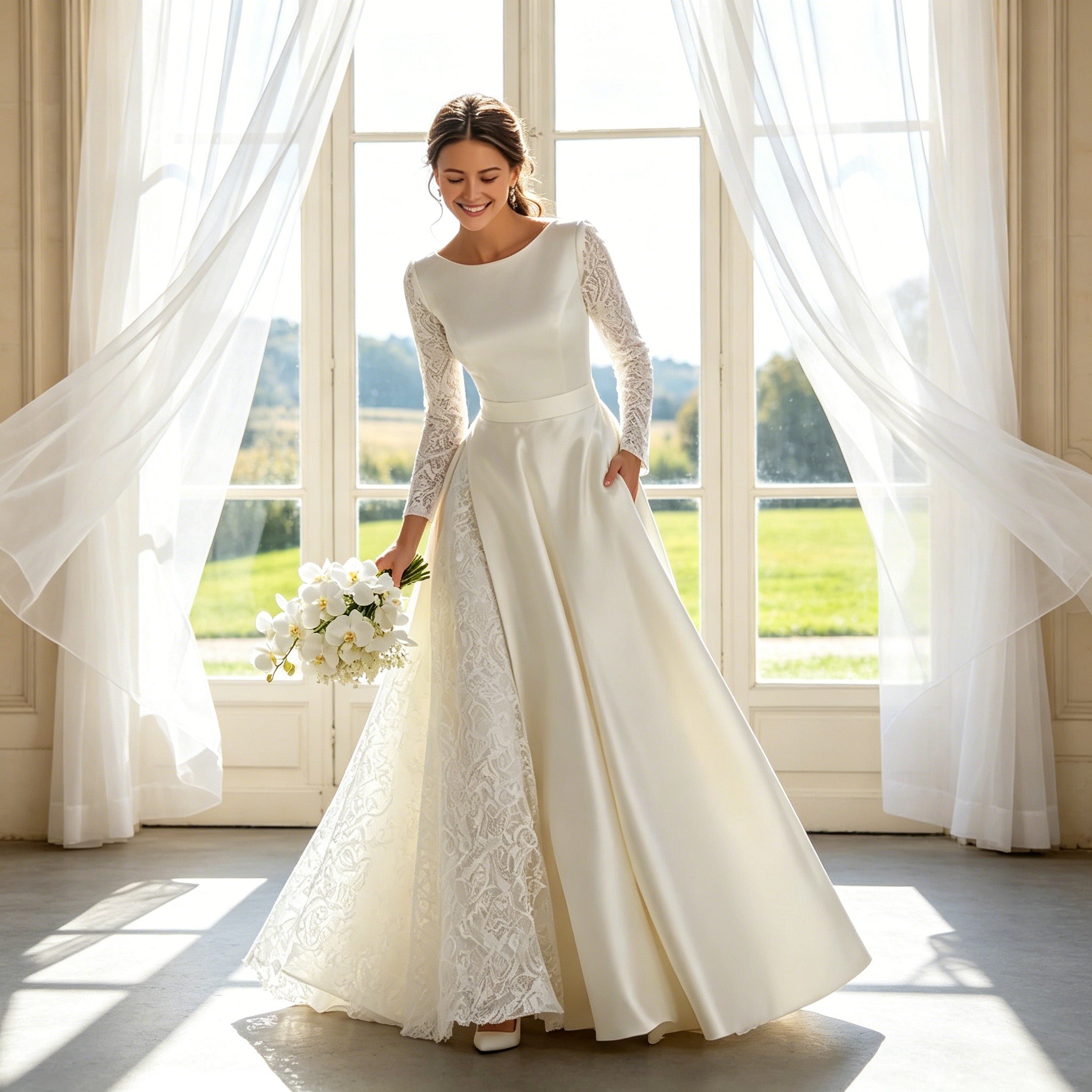 Festliches Bodenlanges Kleid Weiß – Satin-Optik mit Langarm aus Filigraner Spitze