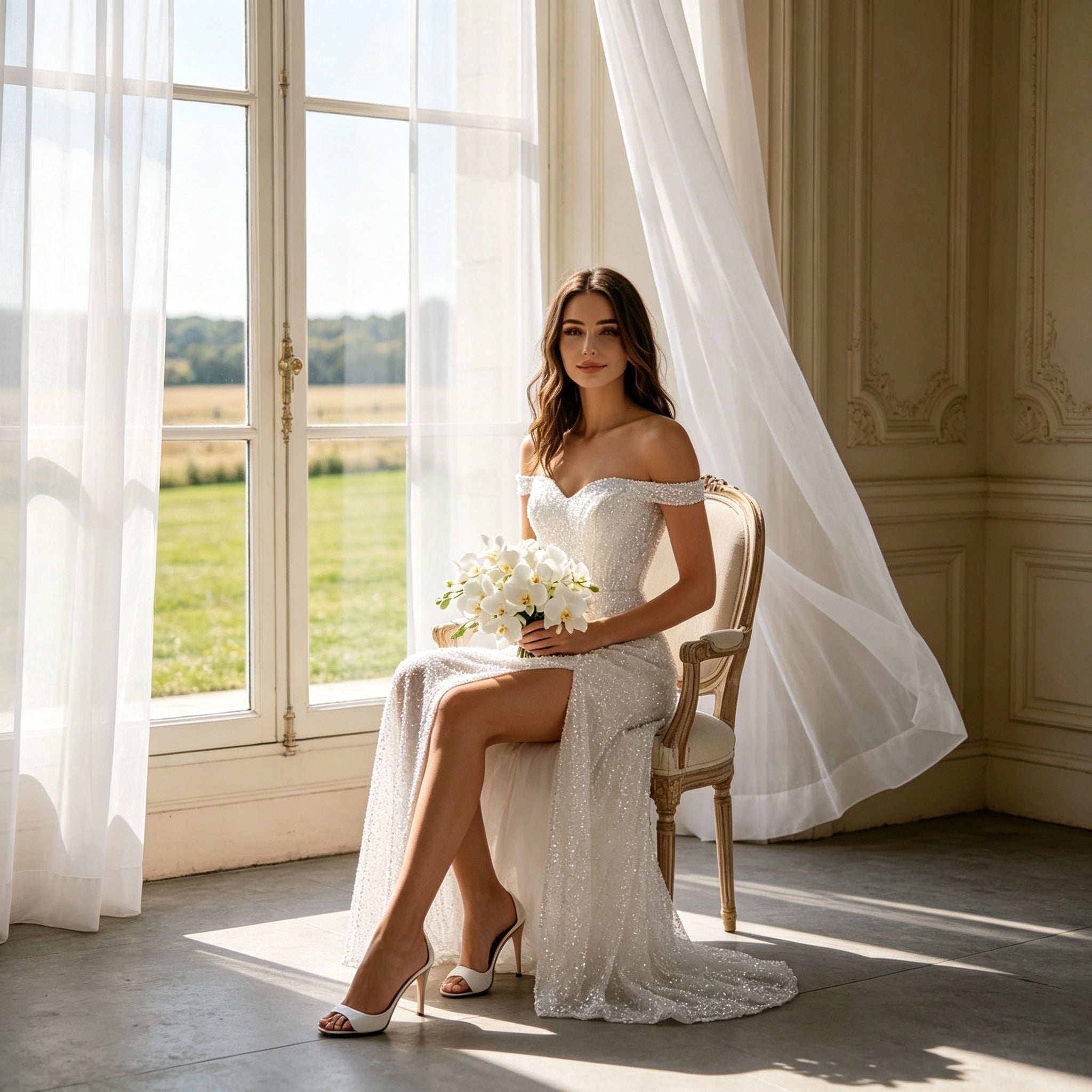 Funkelndes Off-Shoulder Abendkleid Weiß – Elegantes Pailletten-Maxikleid mit Hohem Schlitz