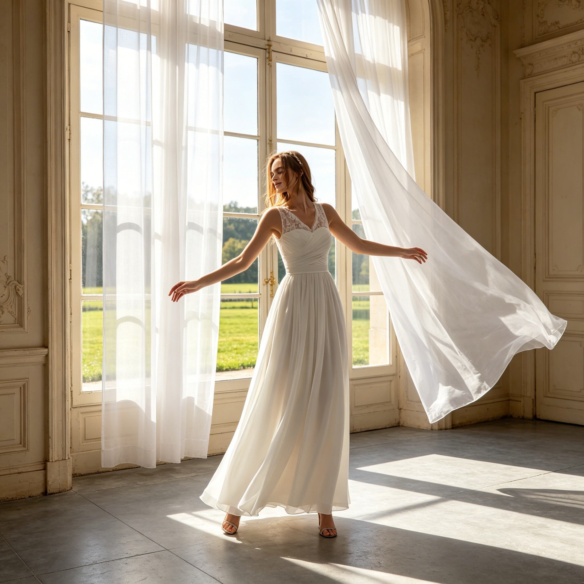 Elegantes Maxikleid in Weiß – Boho-Chic mit Spitze und Fließendem Chiffon-Rock