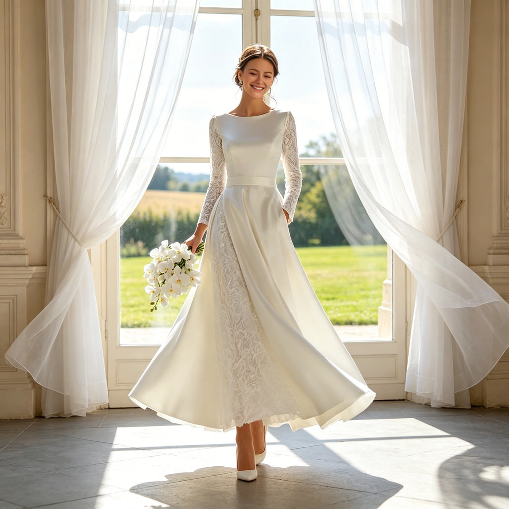Festliches Bodenlanges Kleid Weiß – Satin-Optik mit Langarm aus Filigraner Spitze
