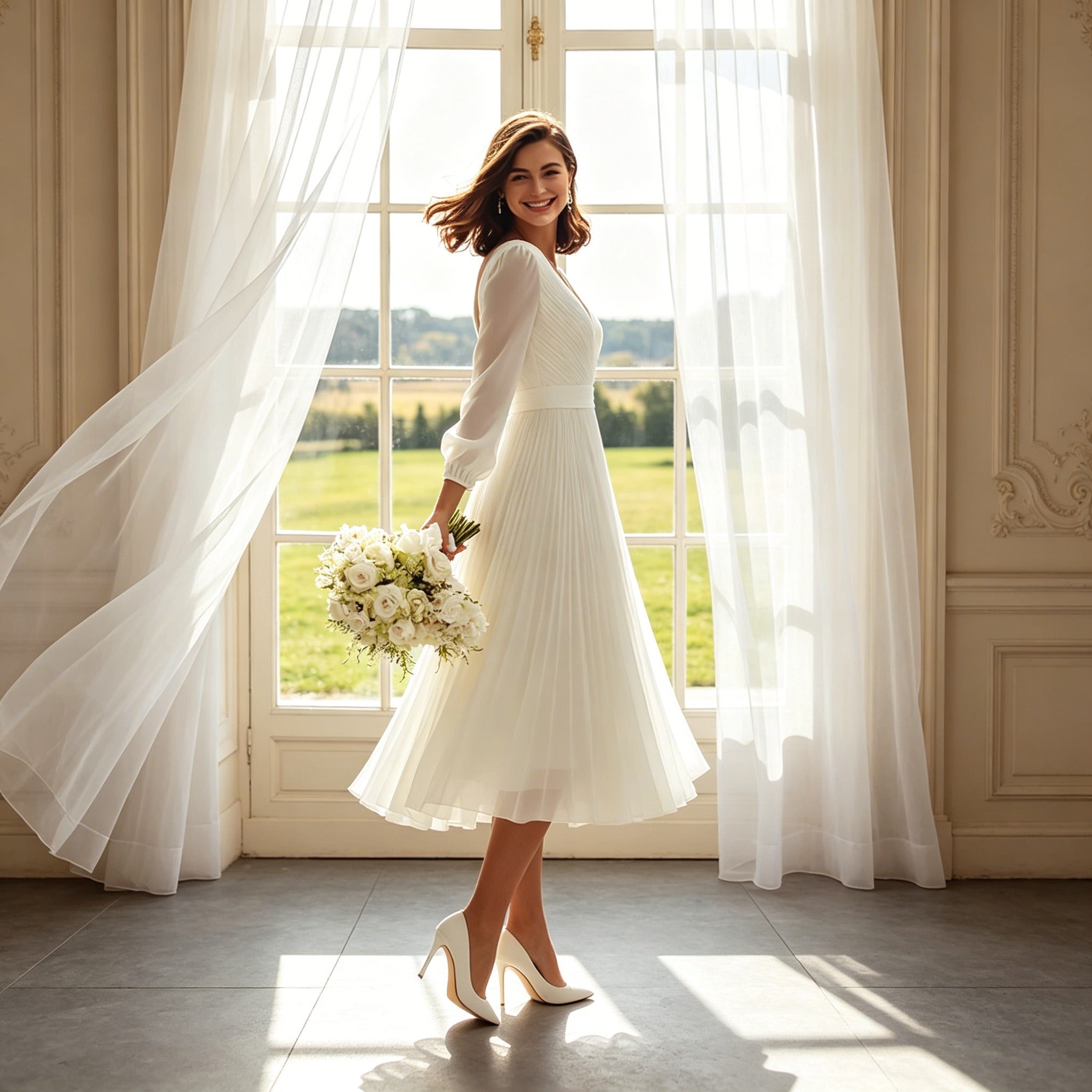 Minimalistisches Abendkleid in Weiß – Tailliertes Kleid mit Plissee-Details