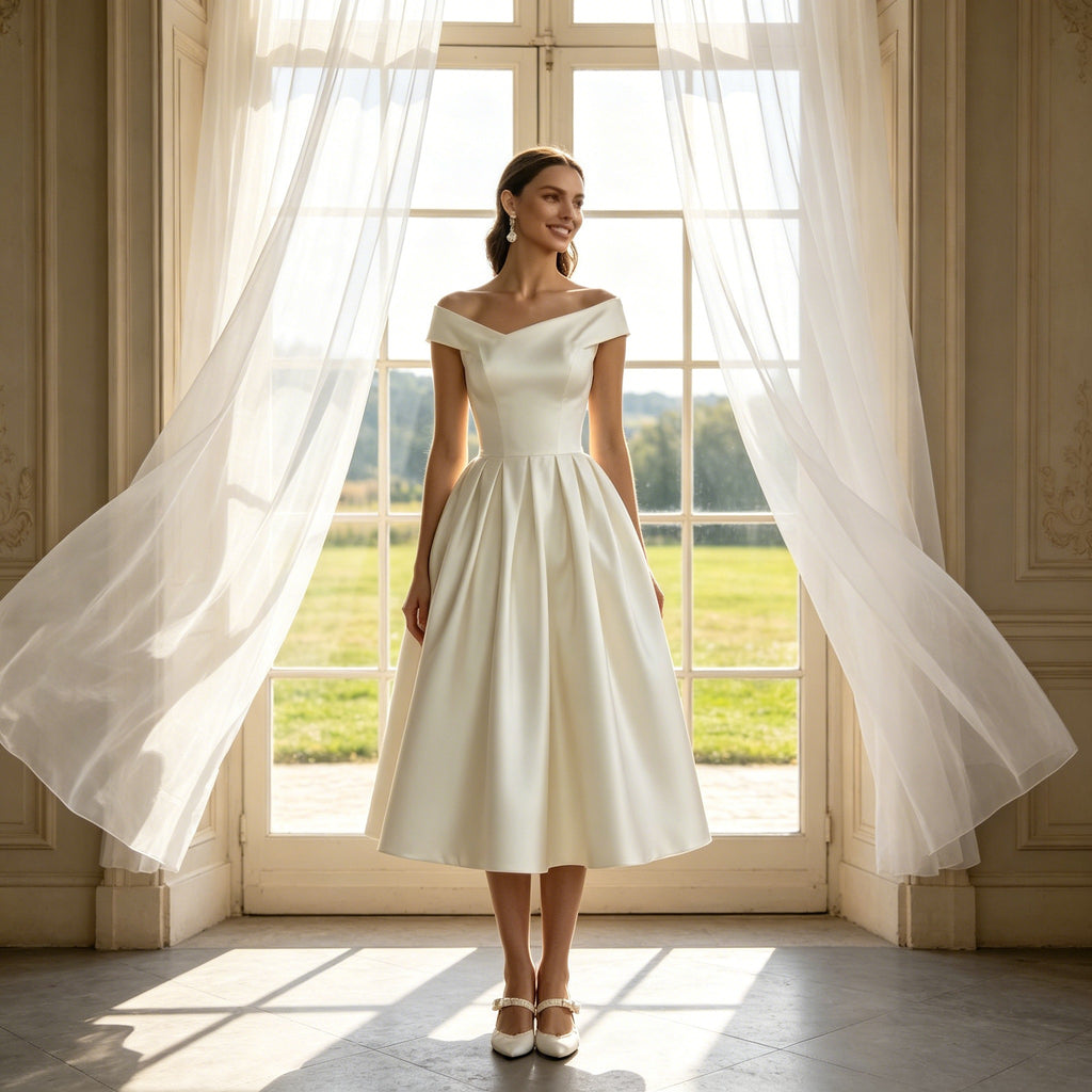 Schlichtes Off-Shoulder Festkleid mit Faltenrock Satin-Glanz Wadenlang