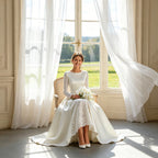 Festliches Bodenlanges Kleid Weiß – Satin-Optik mit Langarm aus Filigraner Spitze
