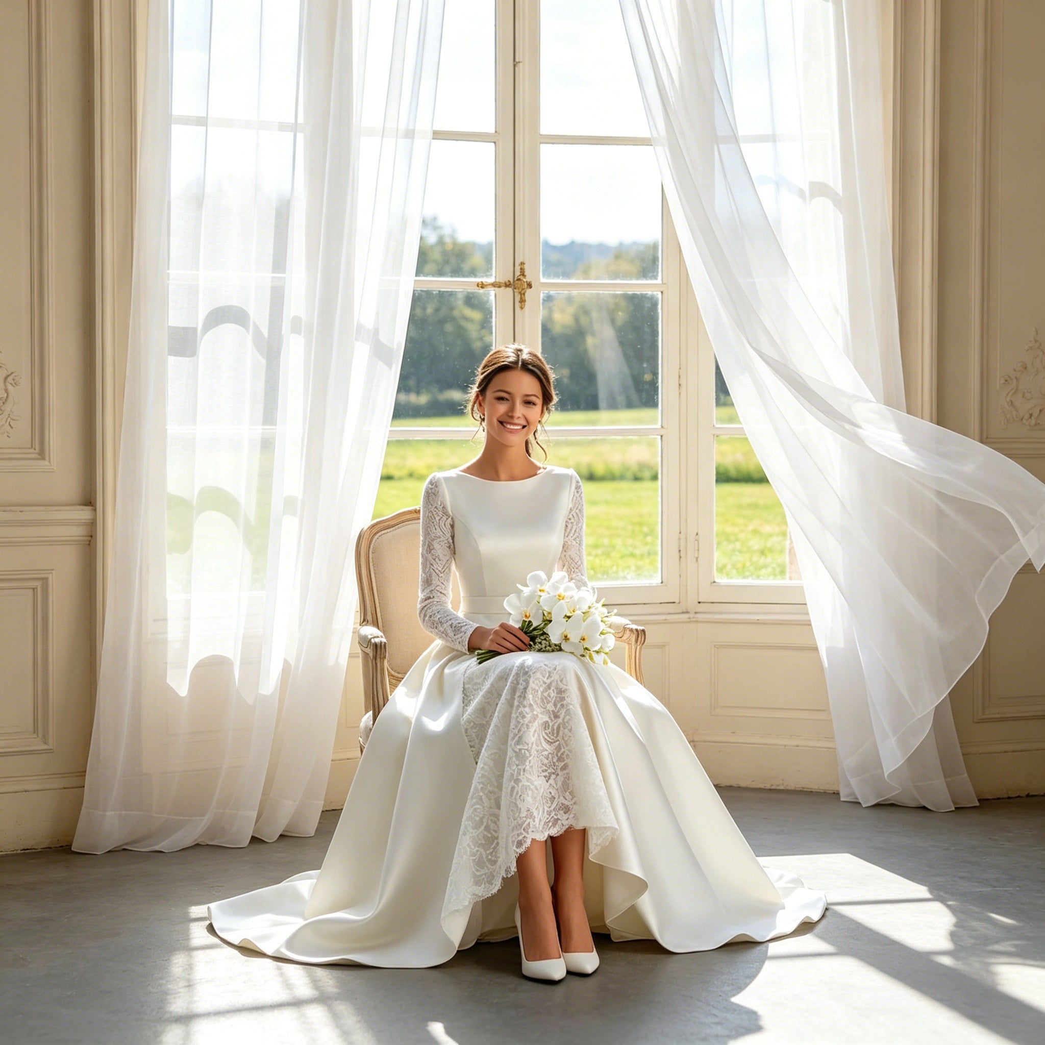 Festliches Bodenlanges Kleid Weiß – Satin-Optik mit Langarm aus Filigraner Spitze