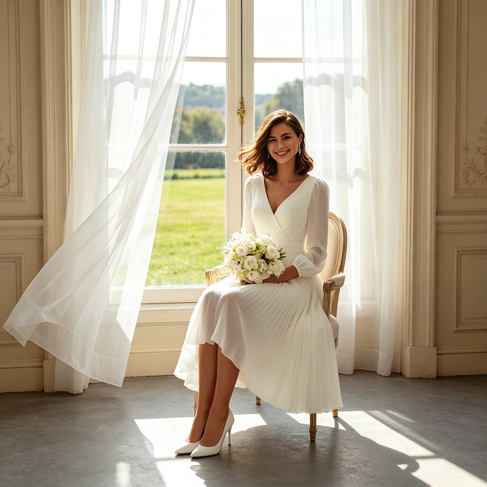 Minimalistisches Abendkleid in Weiß – Tailliertes Kleid mit Plissee-Details