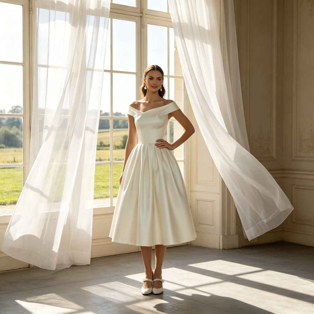 Schlichtes Off-Shoulder Festkleid mit Faltenrock Satin-Glanz Wadenlang