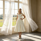 Schlichtes Off-Shoulder Festkleid mit Faltenrock Satin-Glanz Wadenlang