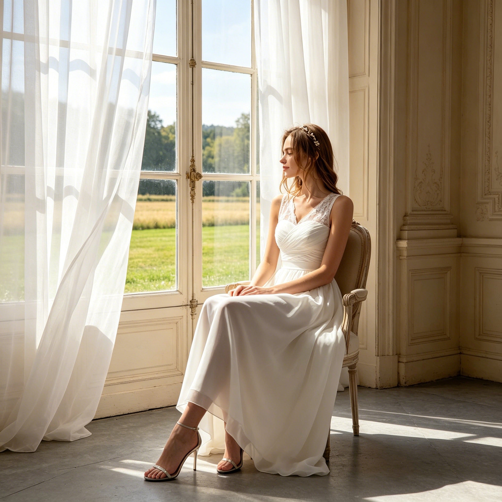 Elegantes Maxikleid in Weiß – Boho-Chic mit Spitze und Fließendem Chiffon-Rock