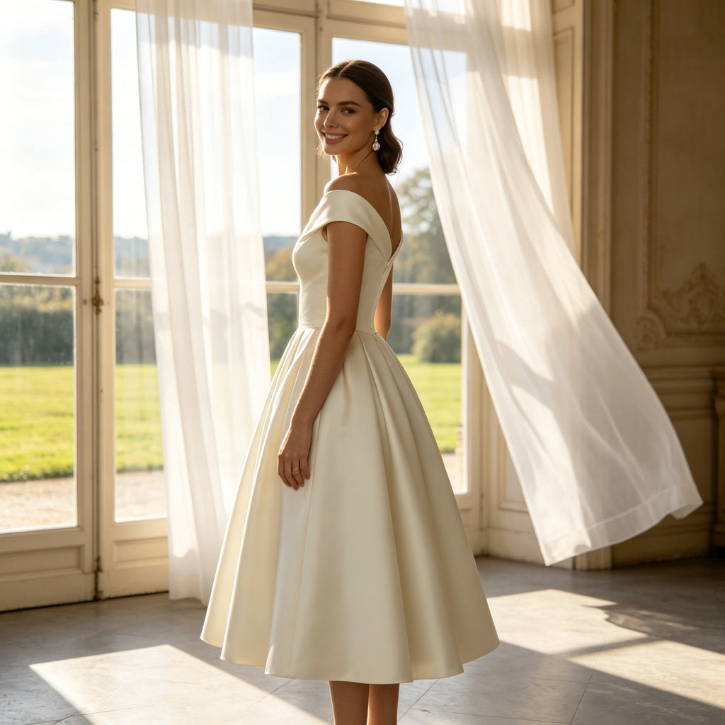 Schlichtes Off-Shoulder Festkleid mit Faltenrock Satin-Glanz Wadenlang