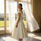 Schlichtes Off-Shoulder Festkleid mit Faltenrock Satin-Glanz Wadenlang