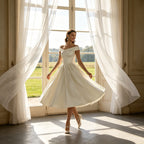 Schlichtes Off-Shoulder Festkleid mit Faltenrock Satin-Glanz Wadenlang