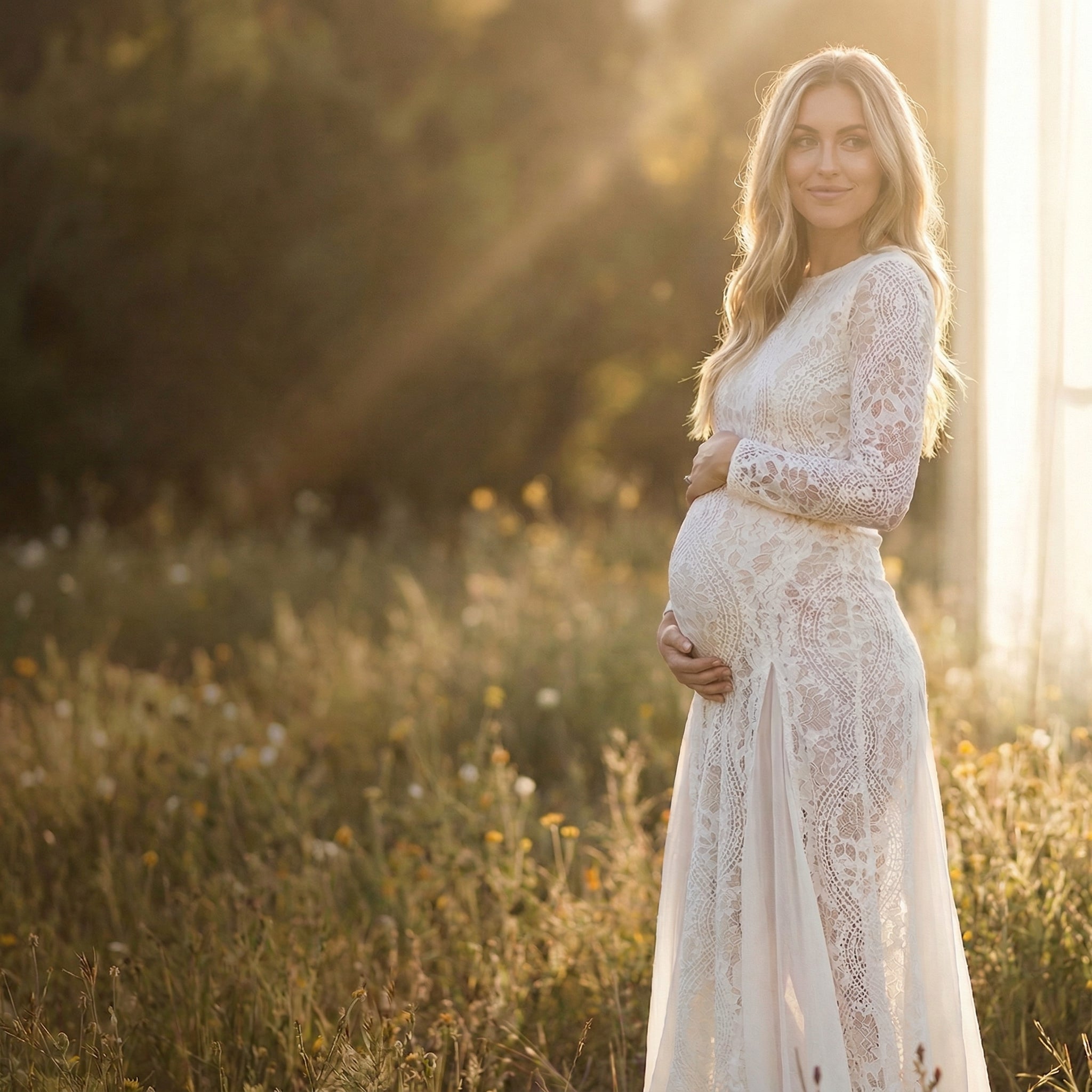 Elegantes Langarm-Spitzenkleid mit edlem Rückenausschnitt – Maxi-Kleid im Ballkleid-Stil für stilvolle Fotoshootings & besondere Anlässe